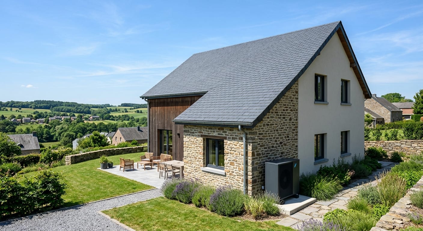 Maison moderne en Wallonie équipée d'une pompe à chaleur extérieure discrète et d'une toiture parfaitement isolée sous un ciel clair